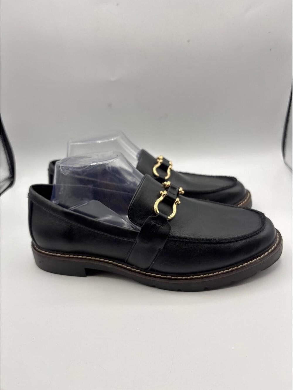 Anne Klein Ezra Womens Loafer Shoes Sz 9 M Black Gold Buckle Leather Slip On